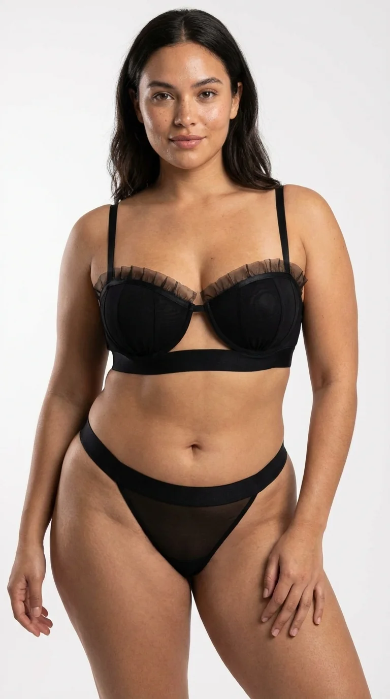 LunaIntim Siyah Tül Fırfırlı Sütyen Takımı Saten Detaylı ve Pencereli Modern Set - Yakın Plan Kumaş ve Tül Dokusu